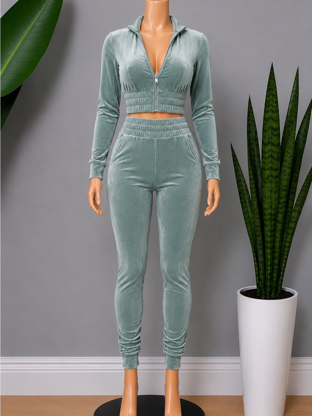 Sexy Velour Jogger Set (Bluish-Silver)